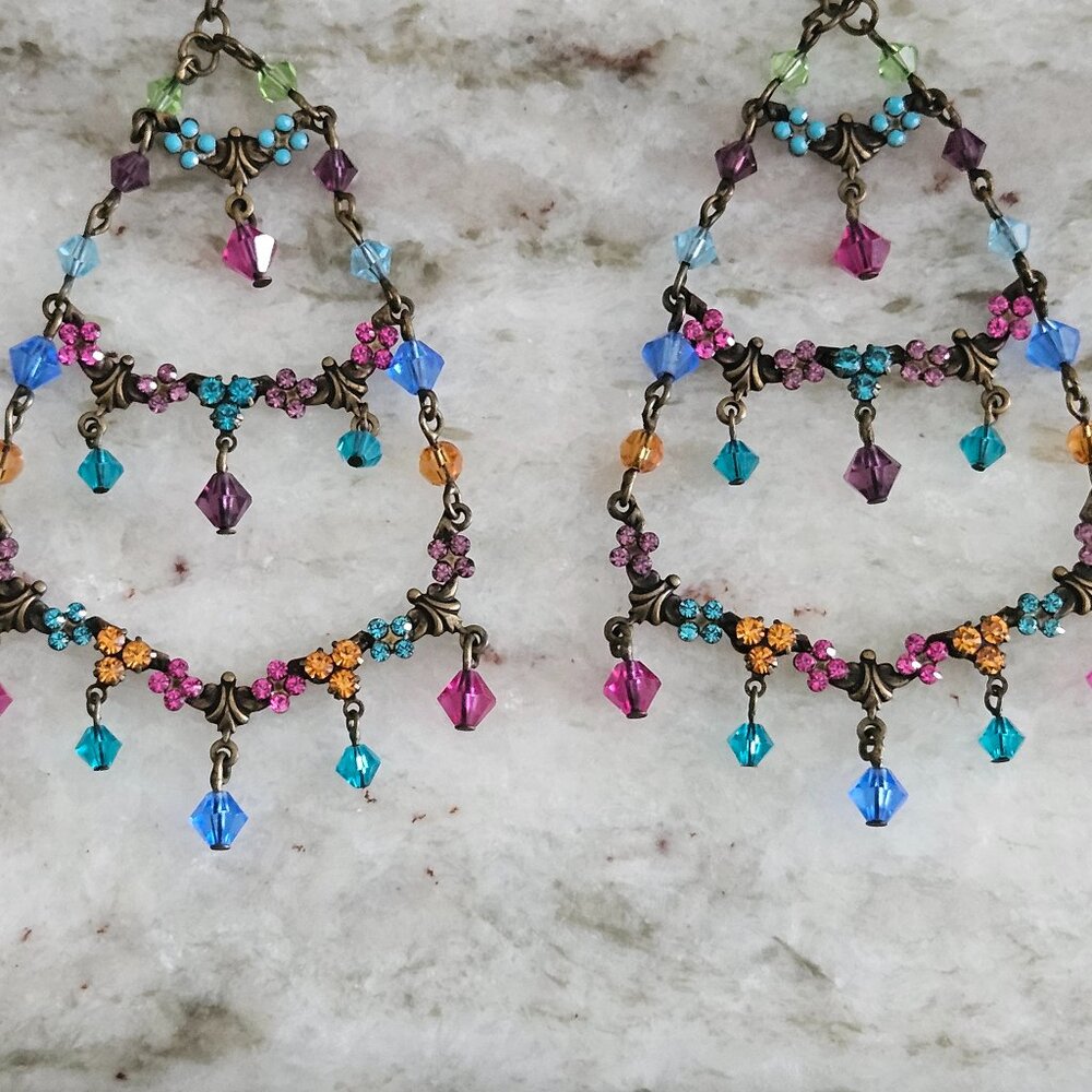 RARE VINTAGE SORRELLI FLOWER FLORAL CRYSTAL DROP DANGLE CHANDELIER EARRINGS - Picture 5 of 13